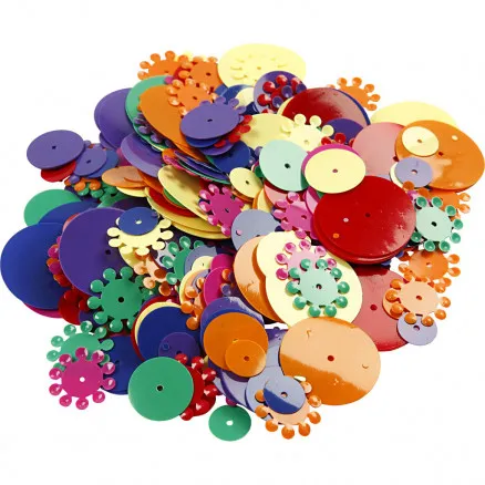 Sequins, assorted colours, round, size 10-25 mm, 250 g/ 1 pack.
